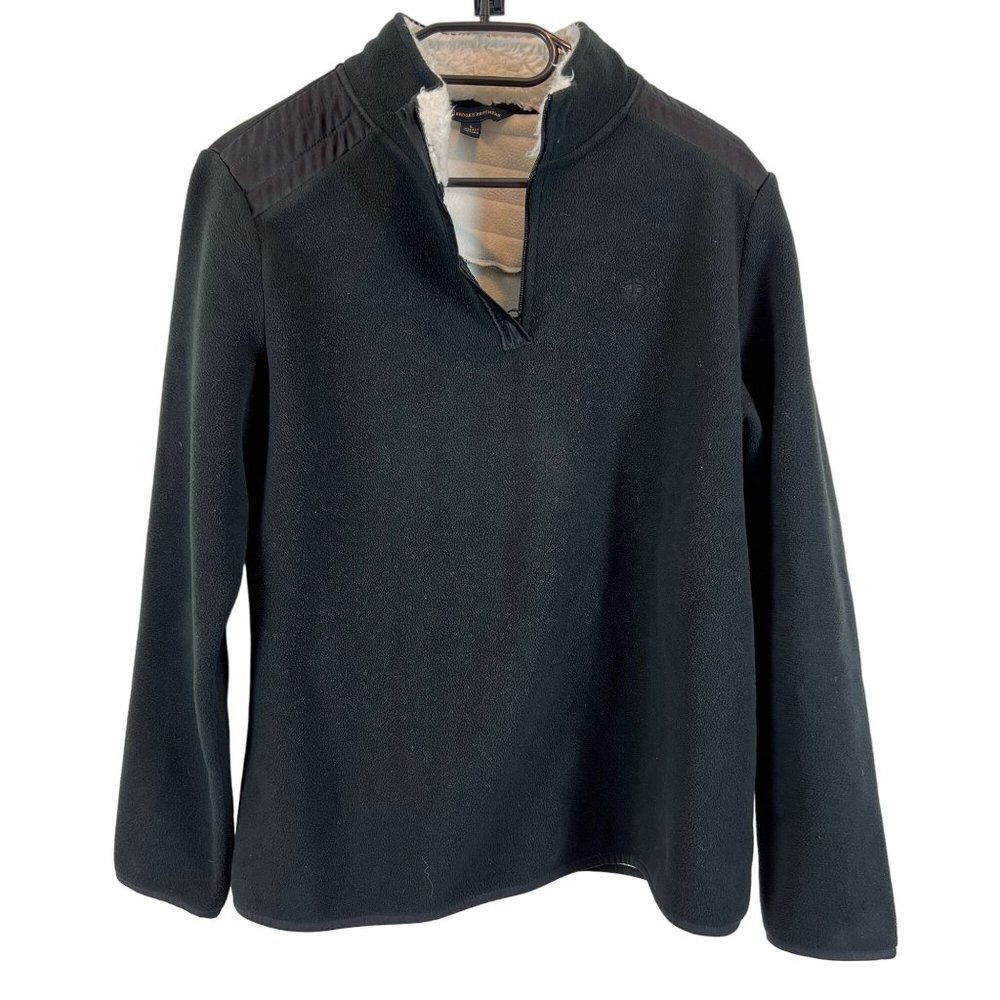 Brooks Brothers 1/4 Zip Mock Neck Fleece Sweater Faux Fur Collar Black Large